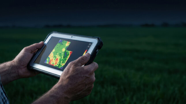 Thermal tablet night field food security solutions support crop monitoring with colorful heat map analysis and focused agricultural technology use