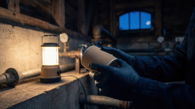 Gloved worker holding smart speaker beside lantern dark industrial room, highlighting food security solutions for emergency preparedness