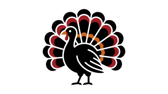 Stylized turkey bird vector illustration, flat thanksgiving turkey icon with colorful tail feathers, autumn harvest holiday symbol isolated on White Background editable eps
