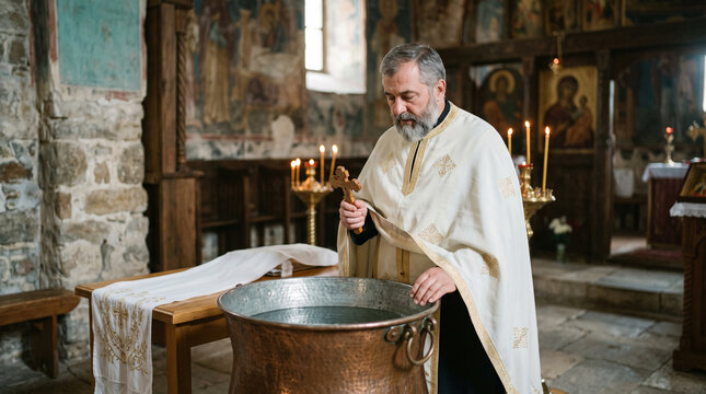 orthodox priest holding cross and blessing water baptism font in church