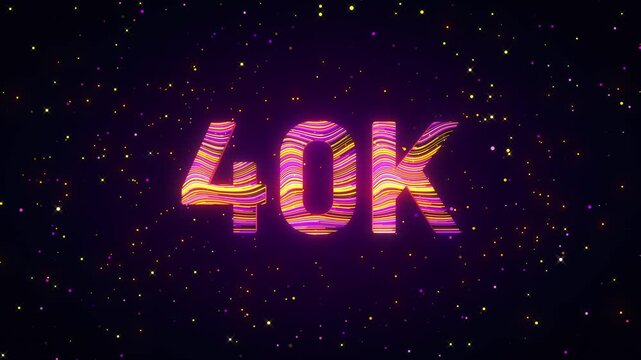 Dynamic 3D animation of a rotating 40K number with flowing purple, yellow, and magenta light trails, glowing particles, and cosmic sparkles creating a futuristic digital achievement scene.
