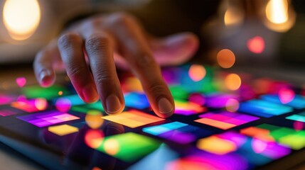 Naklejka na ściany i meble Hand interacting with colorful geometric tiles on digital tablet interface