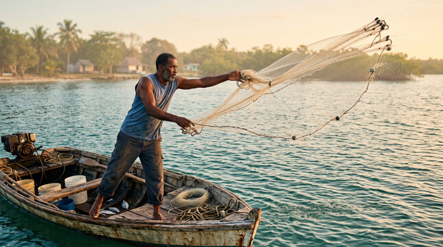 traditional fisherman throwing casting net into water from wooden boat