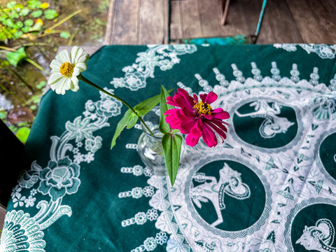 Small glass vase holds a white daisy and a bright pink zinnia flower, placed on an ornate white lace tablecloth draped neatly over a rustic green outdoor table.