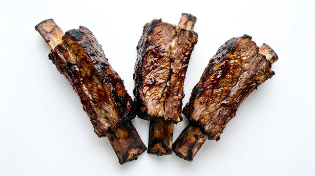 Grilled beef short ribs with glossy marinade arranged on a white background for stock photography