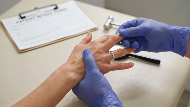 Doctor in blue gloves examining a patient's hand and finger joints