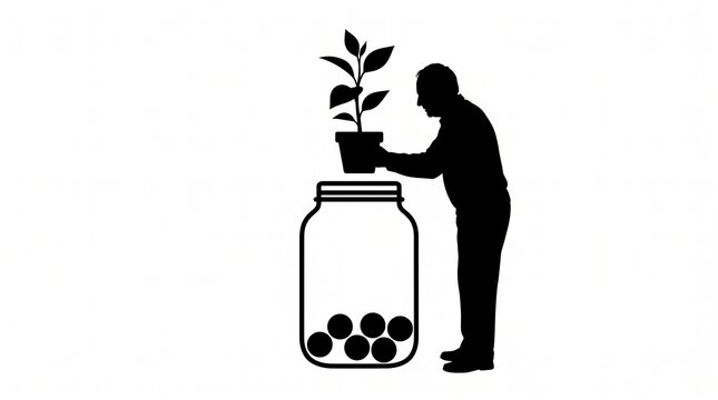 A symbolic black and white silhouette of an adult planting a small tree into a glass savings jar filled with coins for financial growth.