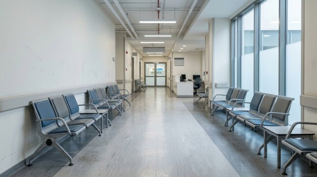Empty waiting room with rows of chairs in a modern medical facility hallway with natural light from large windows