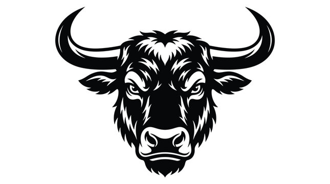 Bull head illustration features strong horns and detailed black and white styling.