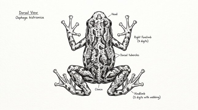 Detailed black and white hand drawn scientific illustration showing the dorsal anatomy and skin patterns of a harlequin poison frog