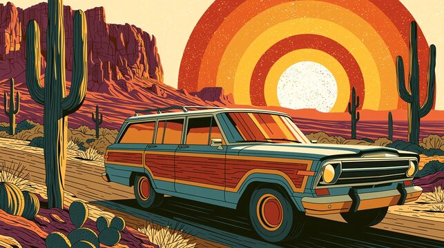 Vintage Station Wagon Driving Through Desert Landscape with Retro Sunset