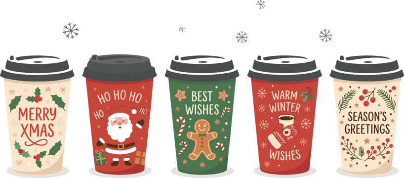 Christmas coffee paper cup vector illustration set featuring holiday takeaway drinks with Santa Claus gingerbread man snowflakes and festive winter