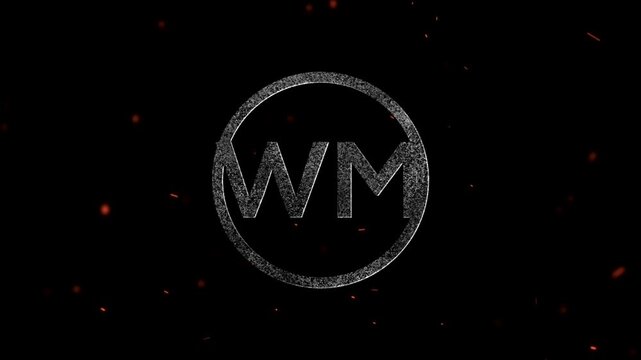 A circular logo emblem featuring the letters wm with a textured metallic effect surrounded by floating glowing sparks