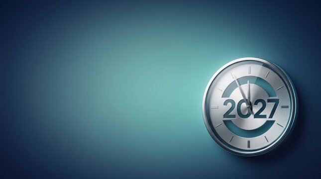 Silver clock displaying year 2027 against dark blue gradient background with copy space