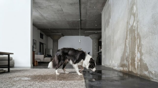 Dog drinking water from puddle in modern loft apartment