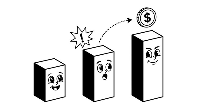 Cute cartoon bar chart characters showing financial growth with coin and exclamation mark symbols