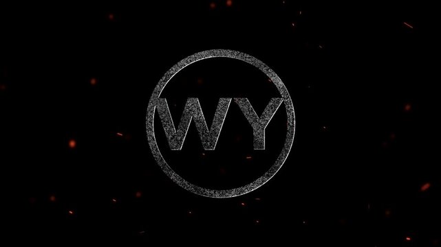 Abstract glowing letters WY inside a circle with floating orange particles