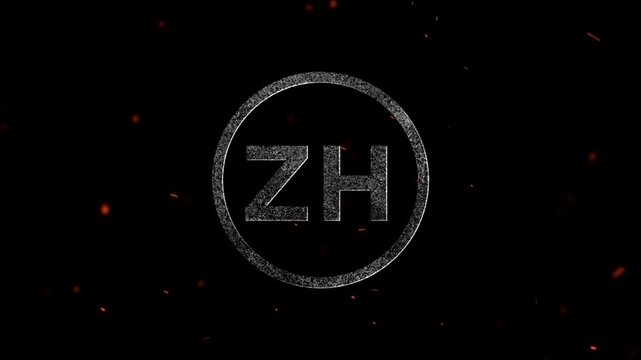 Abstract glowing letters ZH inside a circular frame with floating embers