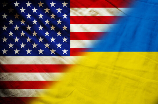 United states and ukraine flag on background texture