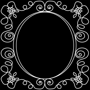 Vintage Oval Floral Frame with Ornate White Scrollwork, Flowers and Curved Botanical Details on Black Background, Elegant Classic Decorative Border