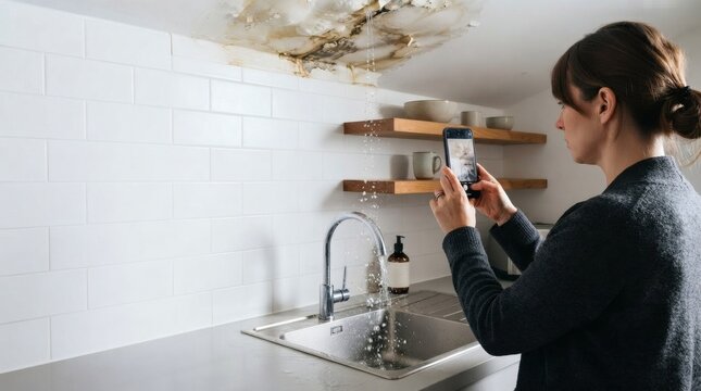 Woman photographs ceiling water damage in kitchen sink