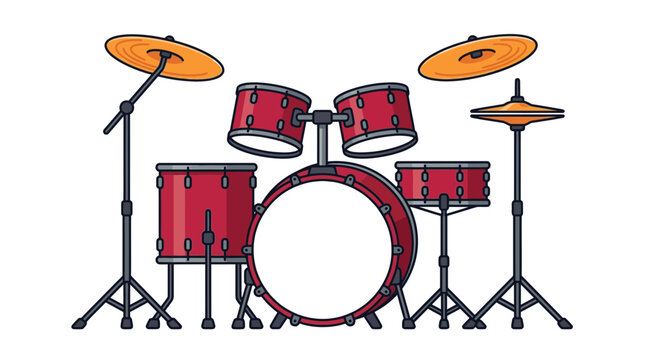 Vibrant red drum set with cymbals featuring clean vector lines and playful modern style