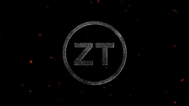 Abstract particle logo design featuring letters ZT inside a circle with floating glowing embers