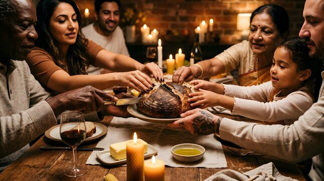 Diverse family sharing bread at a cozy candlelit dinner table at night