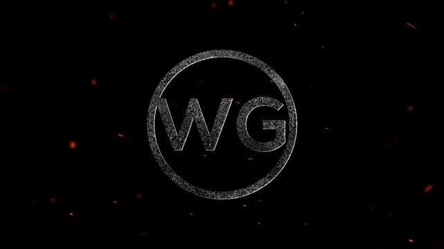 Glowing metallic letters WG inside a circular frame with floating embers