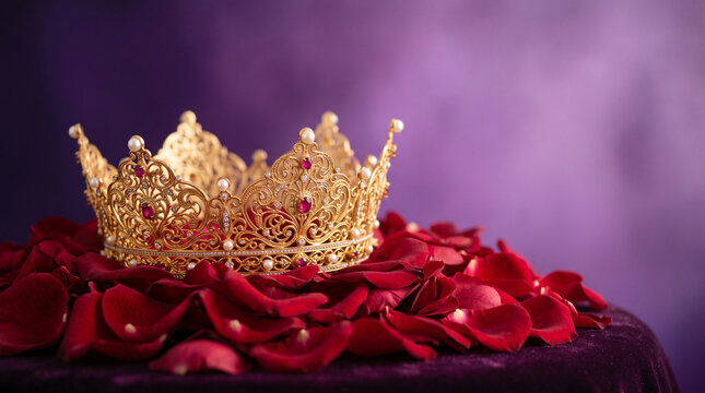 Golden royal crown adorned with jewels on red rose petals
