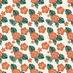 Retro tropical seamless pattern with hibiscus flowers and monstera leaves © aish