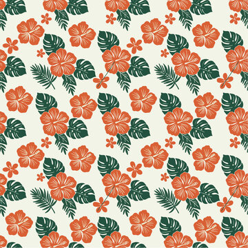 Retro tropical seamless pattern with hibiscus flowers and monstera leaves