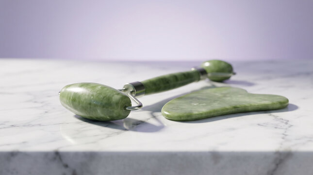 Jade facial roller and gua sha stone on marble surface with soft background