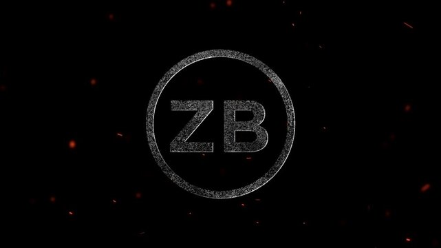 Glowing metallic letters ZB inside a circular frame with embers and floating particles