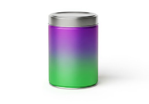 Modern cylindrical metal container with purple and green gradient