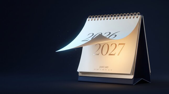 Elegant desk calendar turning from year twenty twenty six to twenty twenty seven glowing golden