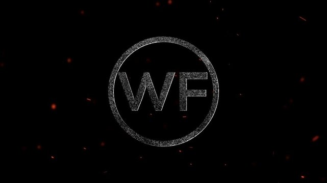 Letters WF inside a circle created with glowing digital particles effect