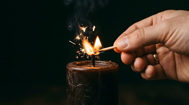 Hand lighting a dark candle wick with a match creating bright sparks