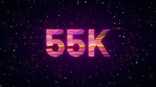 Dynamic 3D animation of a rotating 55K number with flowing purple, yellow, and magenta light trails, glowing particles, and cosmic sparkles creating a futuristic digital achievement scene.