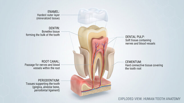 Educational diagram showing the anatomy of a human tooth with labels of internal structures
