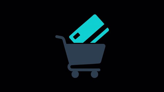 Minimalist graphic icon of a shopping cart with a credit card representing online retail payments