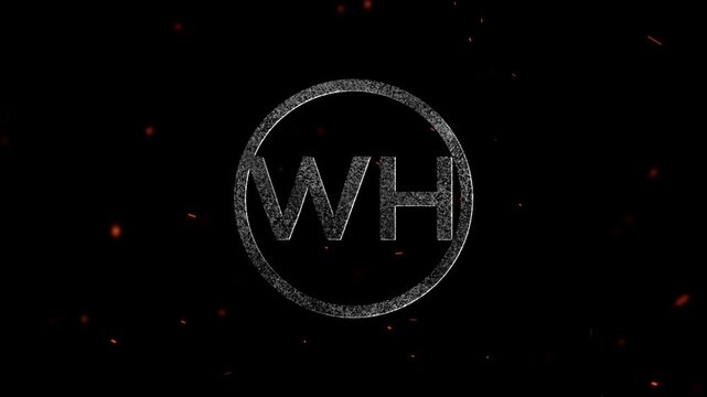 The letters WH inside a circular frame with a glowing particle effect background