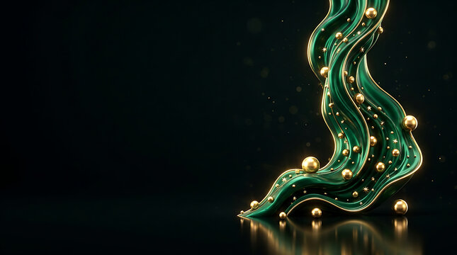 An elegant abstract design features a flowing emerald green and gold ribbon adorned with glittering golden spheres against a dark reflective backdrop creating a luxurious