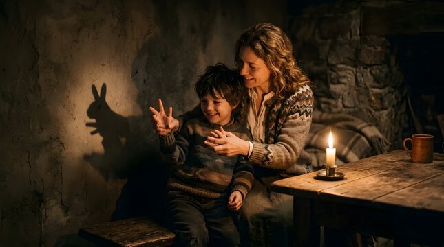 Mother and son creating shadow puppets on a wall by candlelight