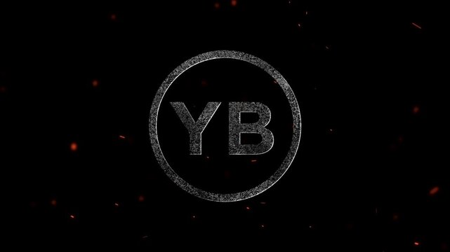 The letters YB inside a textured circle surrounded by floating glowing sparks