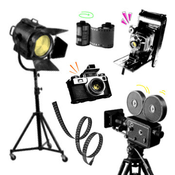Vintage photography and cinema equipment elements set. Pop art halftone retro camera, movie camera, film roll and studio spotlight icons isolated on transparent background for creative graphic design.