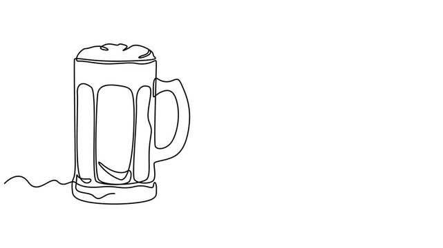 Animated continuous one line drawing of Beer mug. One continuous self drawing line animation, Self drawing animation one continuous line draw, logo, Abstract hand with two mugs, glass beer, minimalist