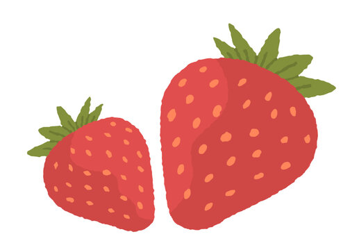 Two fresh red strawberries with green leaves. vector fruit icon