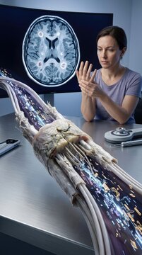 Multiple sclerosis concept: autoimmune demyelination, damaged myelin, neuron inflammation, brain lesion, neurological disorder, female patient, chronic disease, nerve weakness, physical disability.