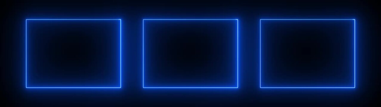 Glowing blue neon three rectangular boxes animation, abstract geometric frames motion graphics on black background